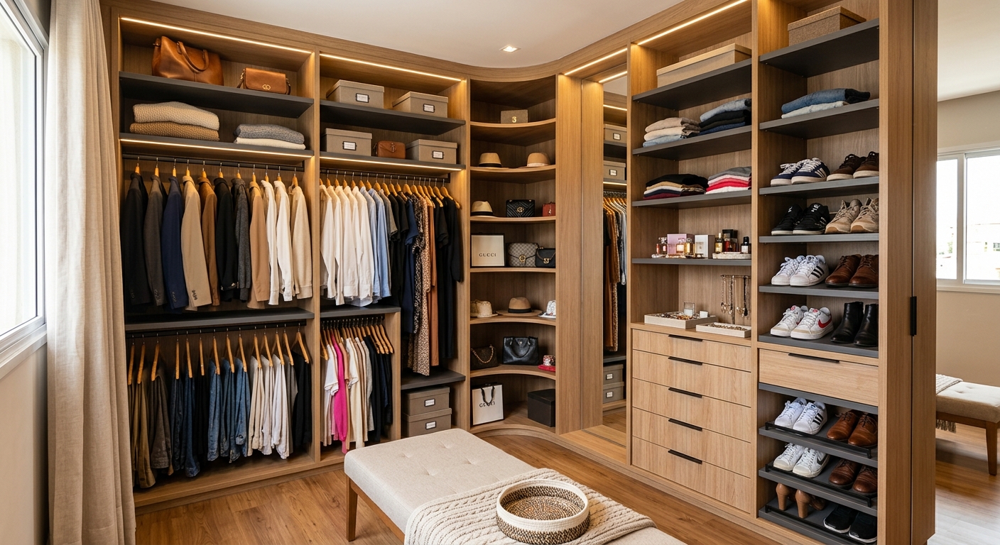 Closet planejado com ilha e organização interna completa